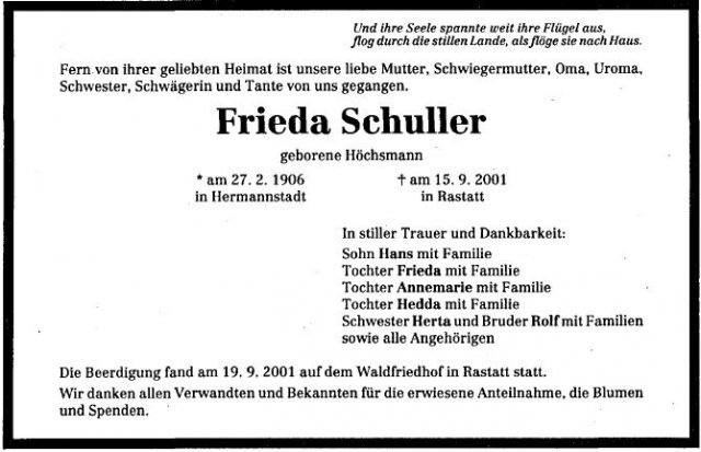 Hoechsmann Frieda 1906-2001 Todesanzeige